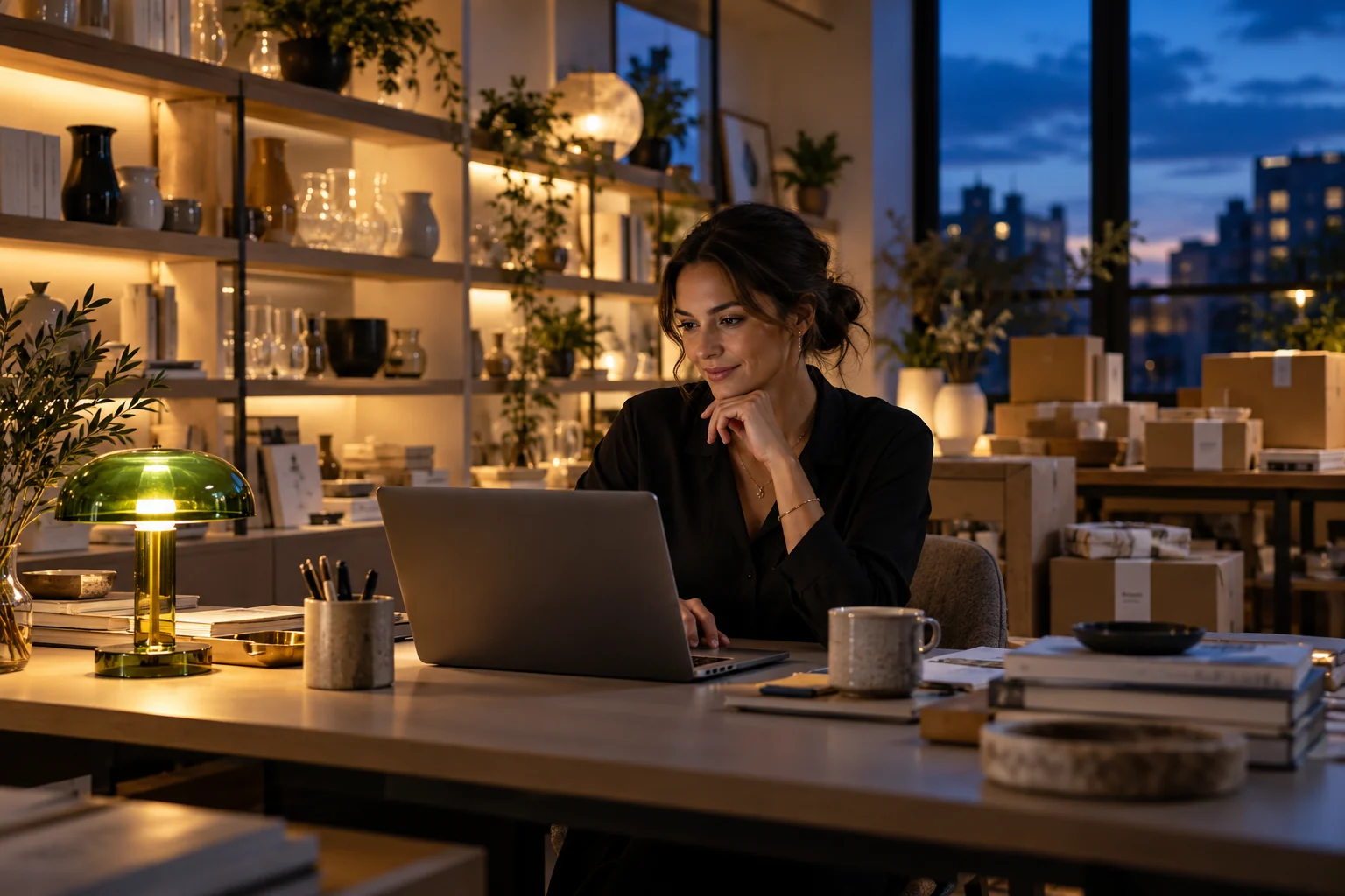 Illustrative merchant reviewing operations in a homeware showroom at dusk