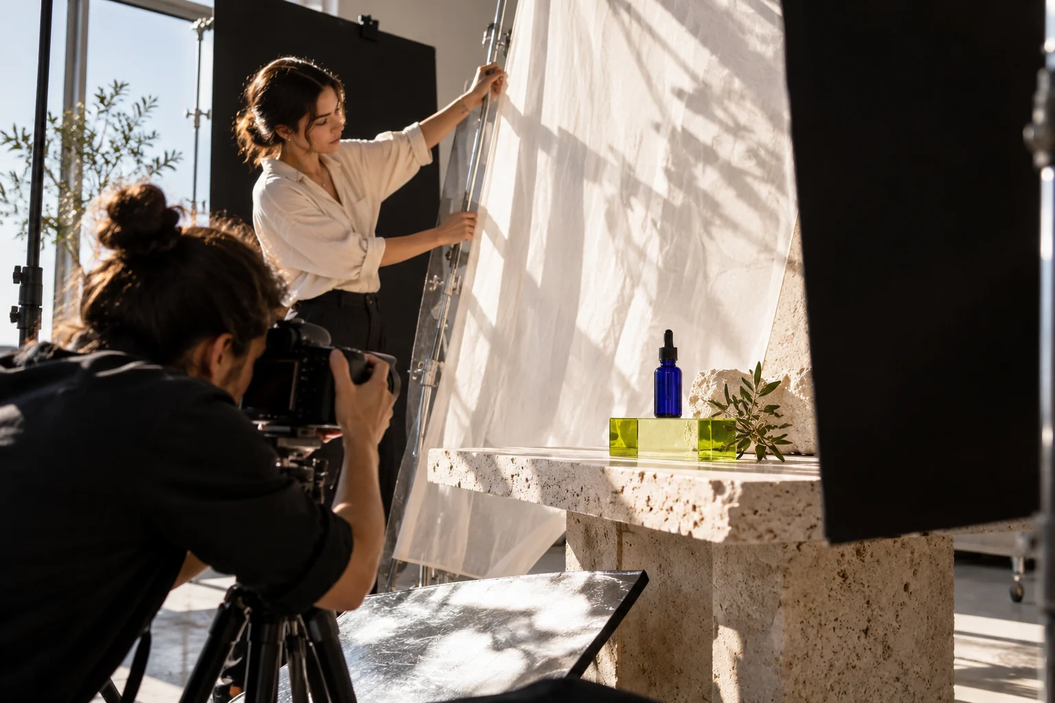 Illustrative creative team photographing a skincare product for a campaign