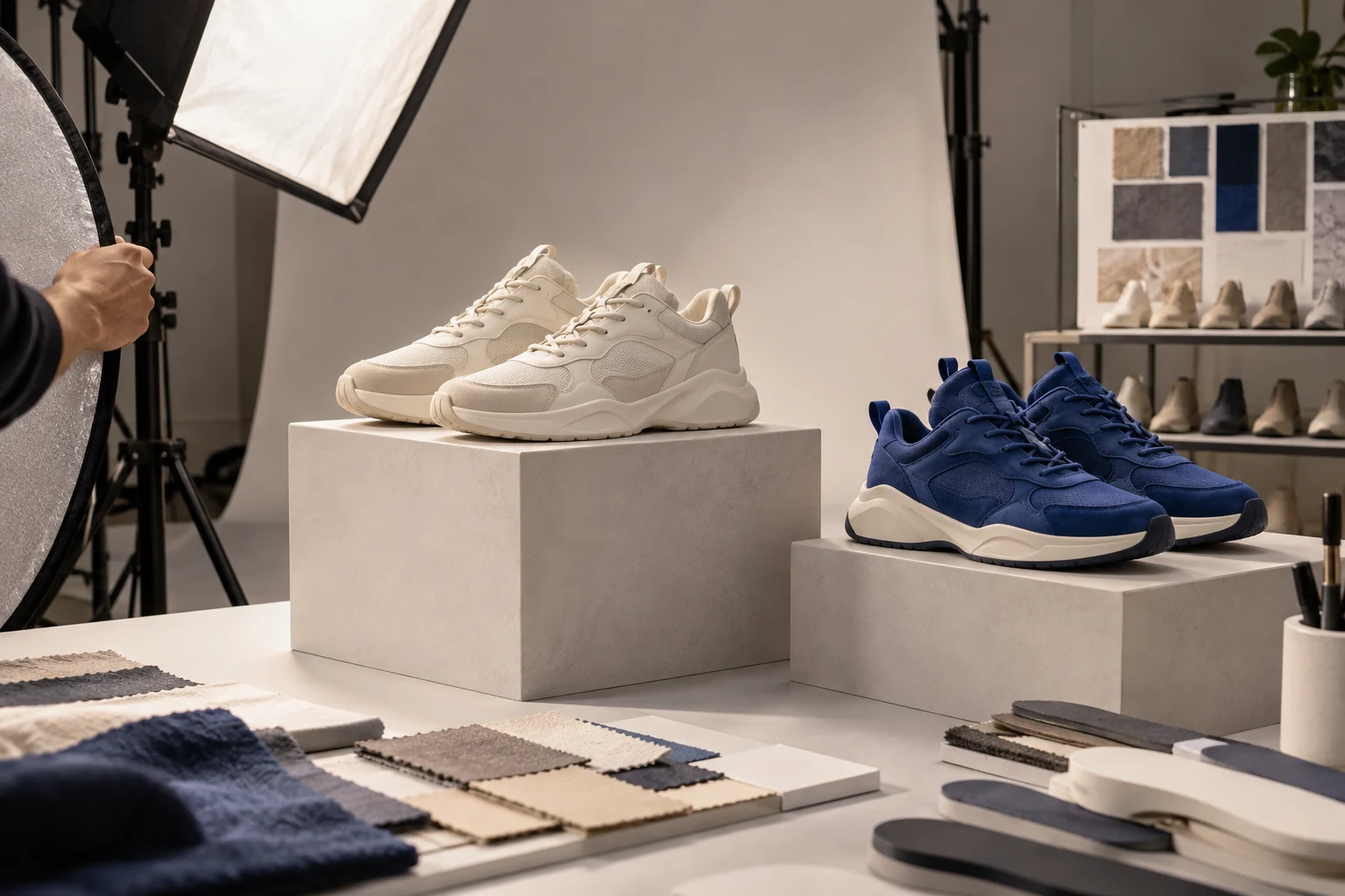 Illustrative footwear catalogue shoot with cream and cobalt product variants