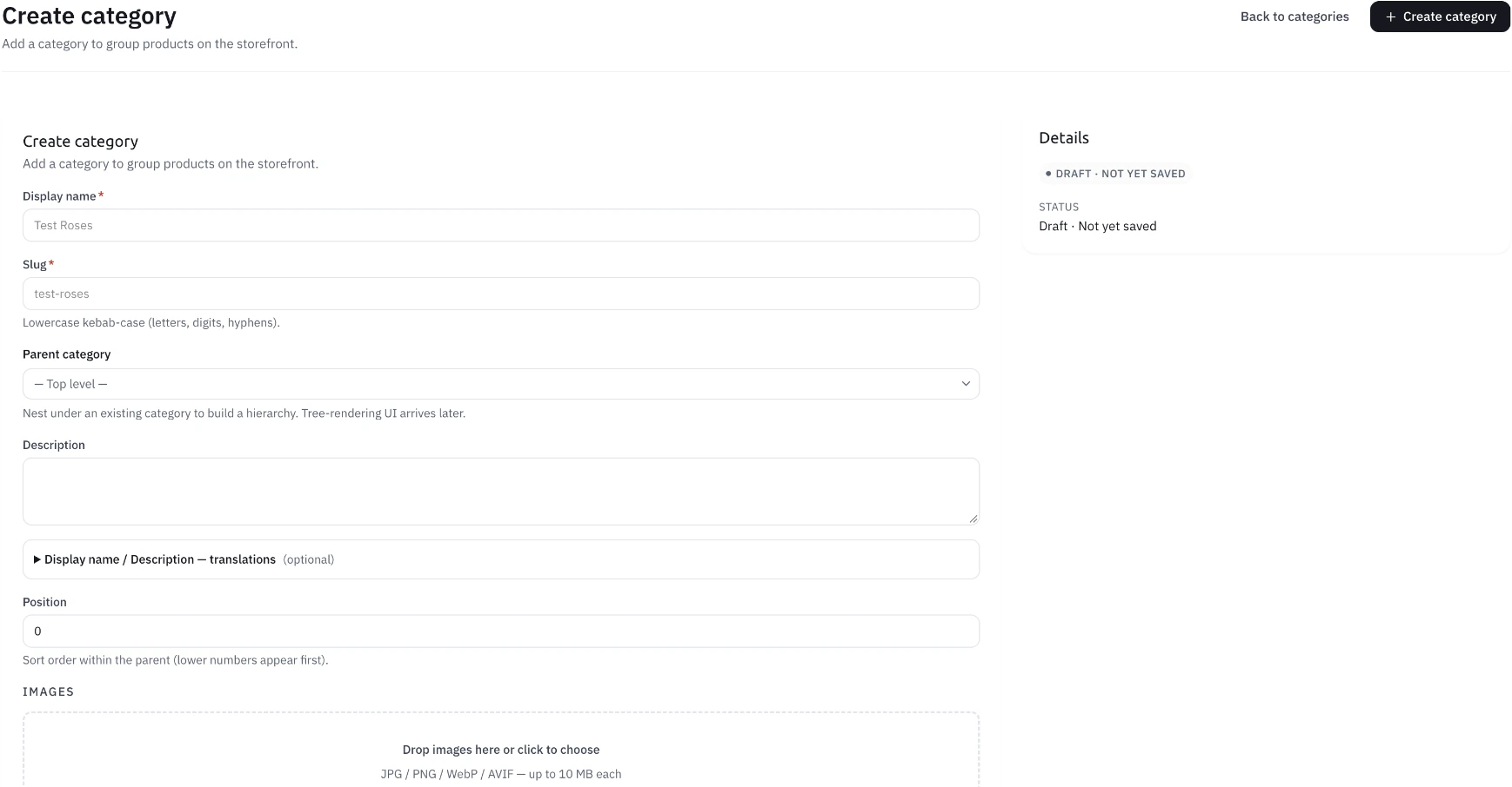 Parent-category and translation fields appear together in this supplied creation view. The interface notes that tree rendering is a later addition.