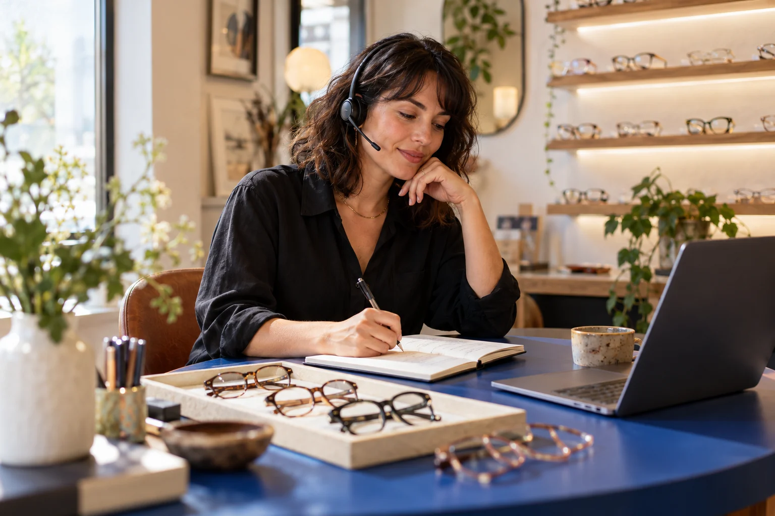 Illustrative eyewear merchant listening to a customer through a headset
