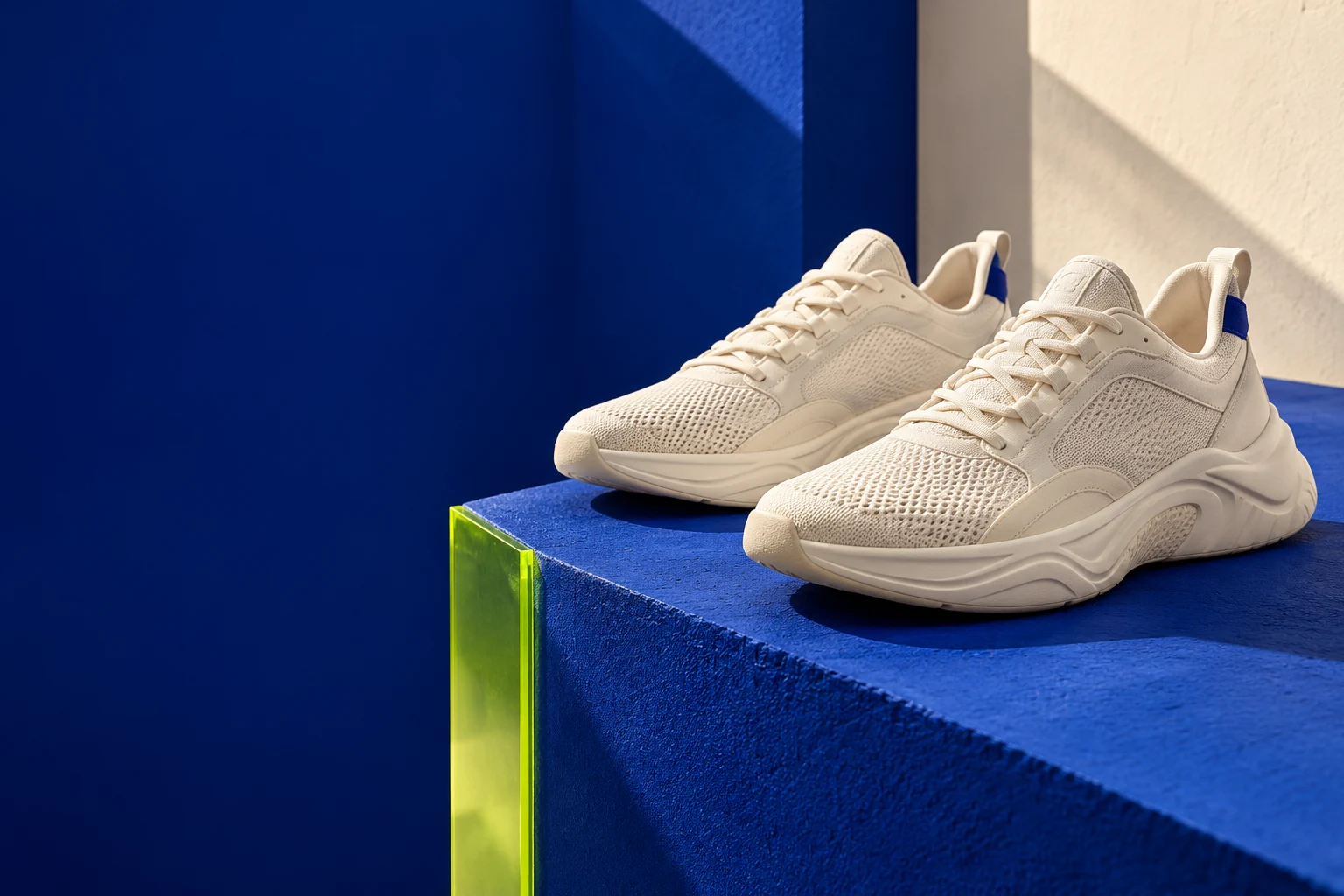 Illustrative finished footwear campaign with cream trainers and cobalt accents