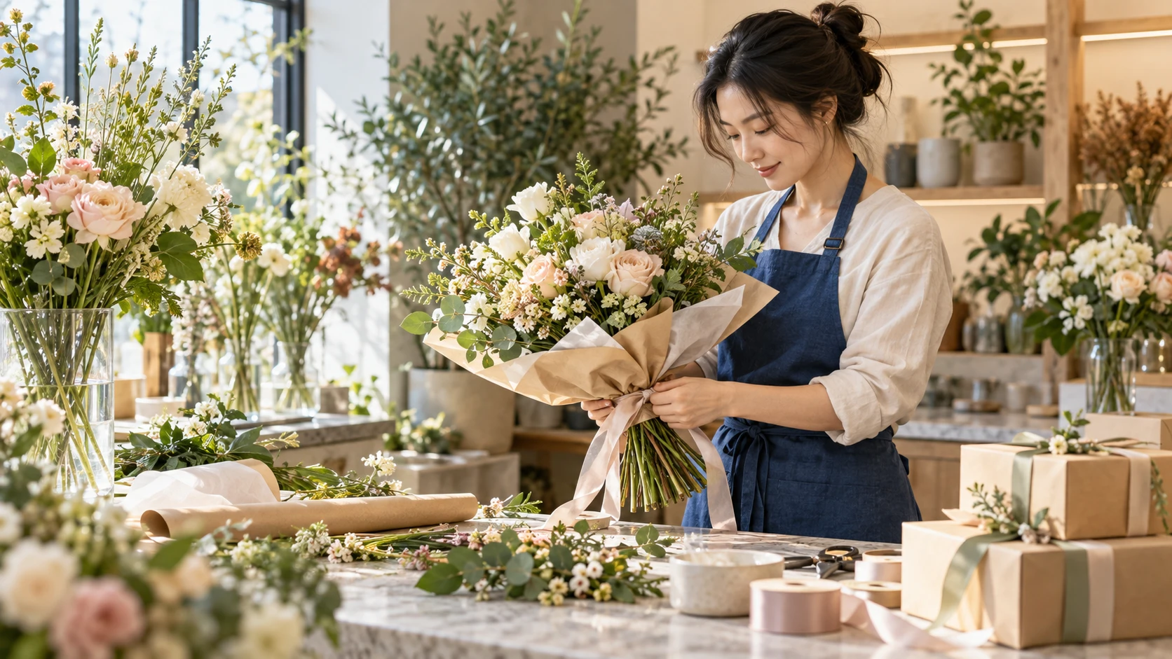 Illustrative gift maker preparing a considered gift arrangement