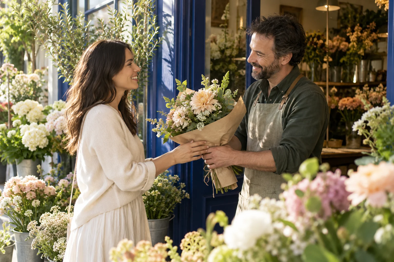 Illustrative regular customer being welcomed by a neighbourhood flower merchant