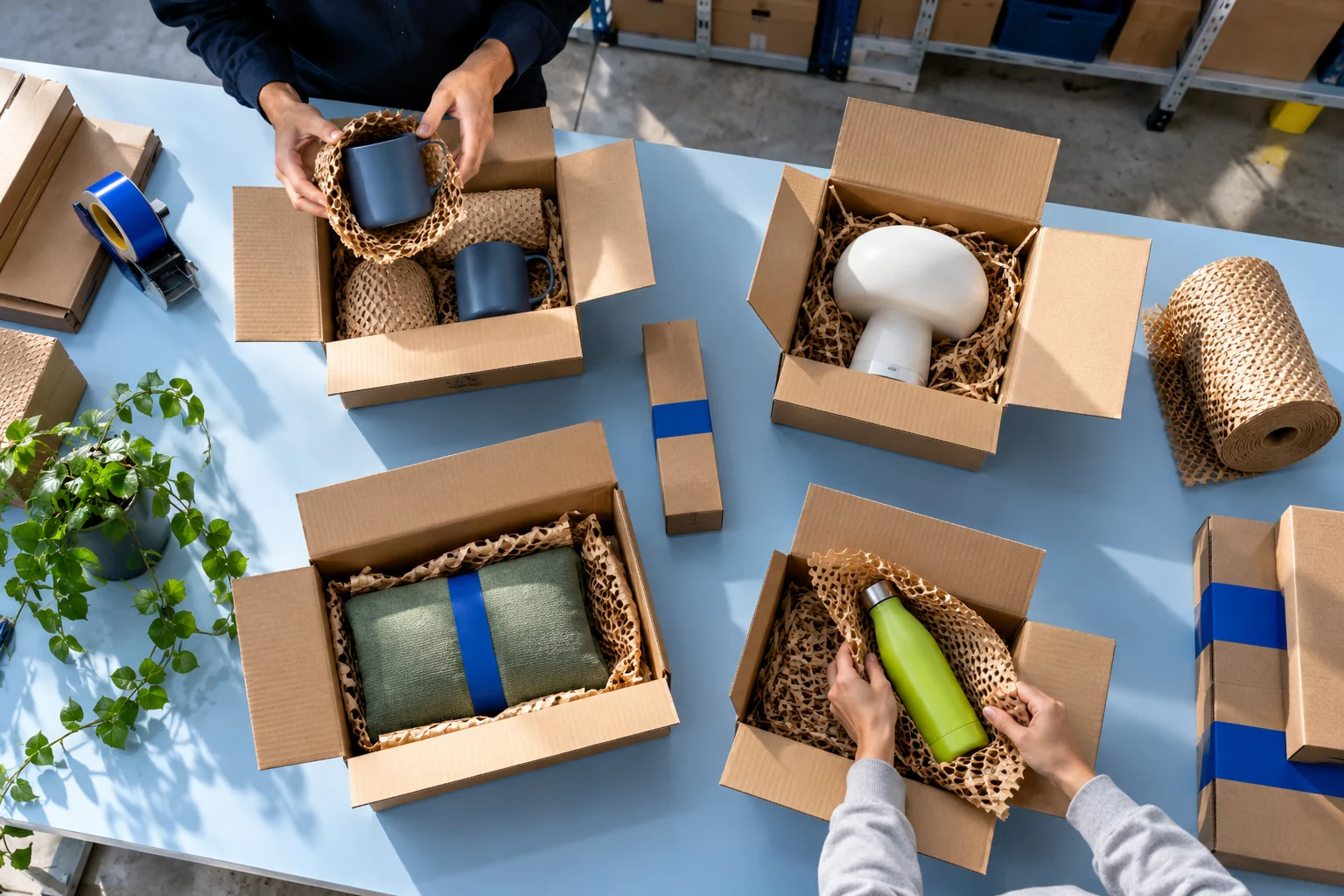 Illustrative team preparing separate product parcels at a dispatch table