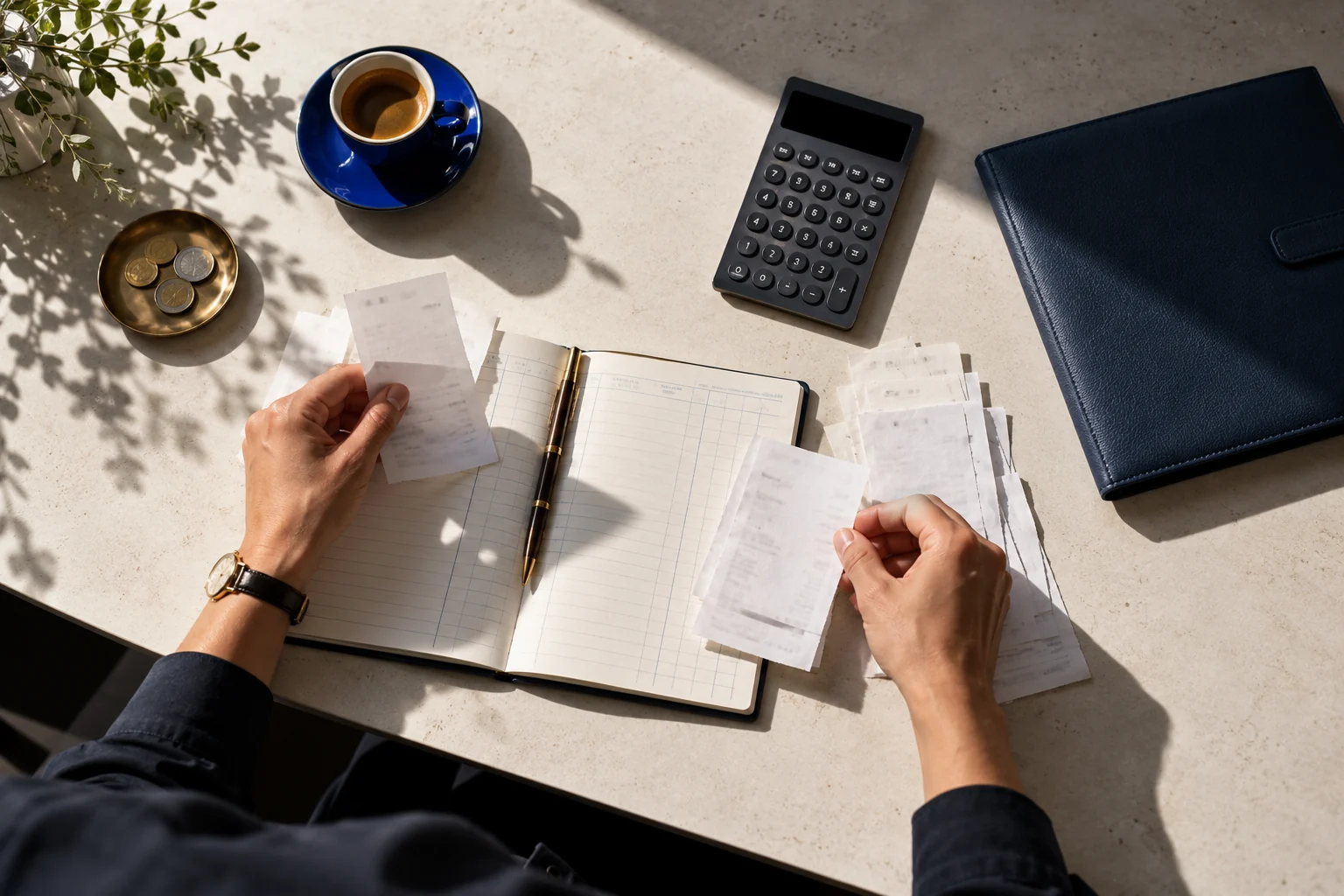 Illustrative overhead view of hands reconciling slips with a ledger and calculator