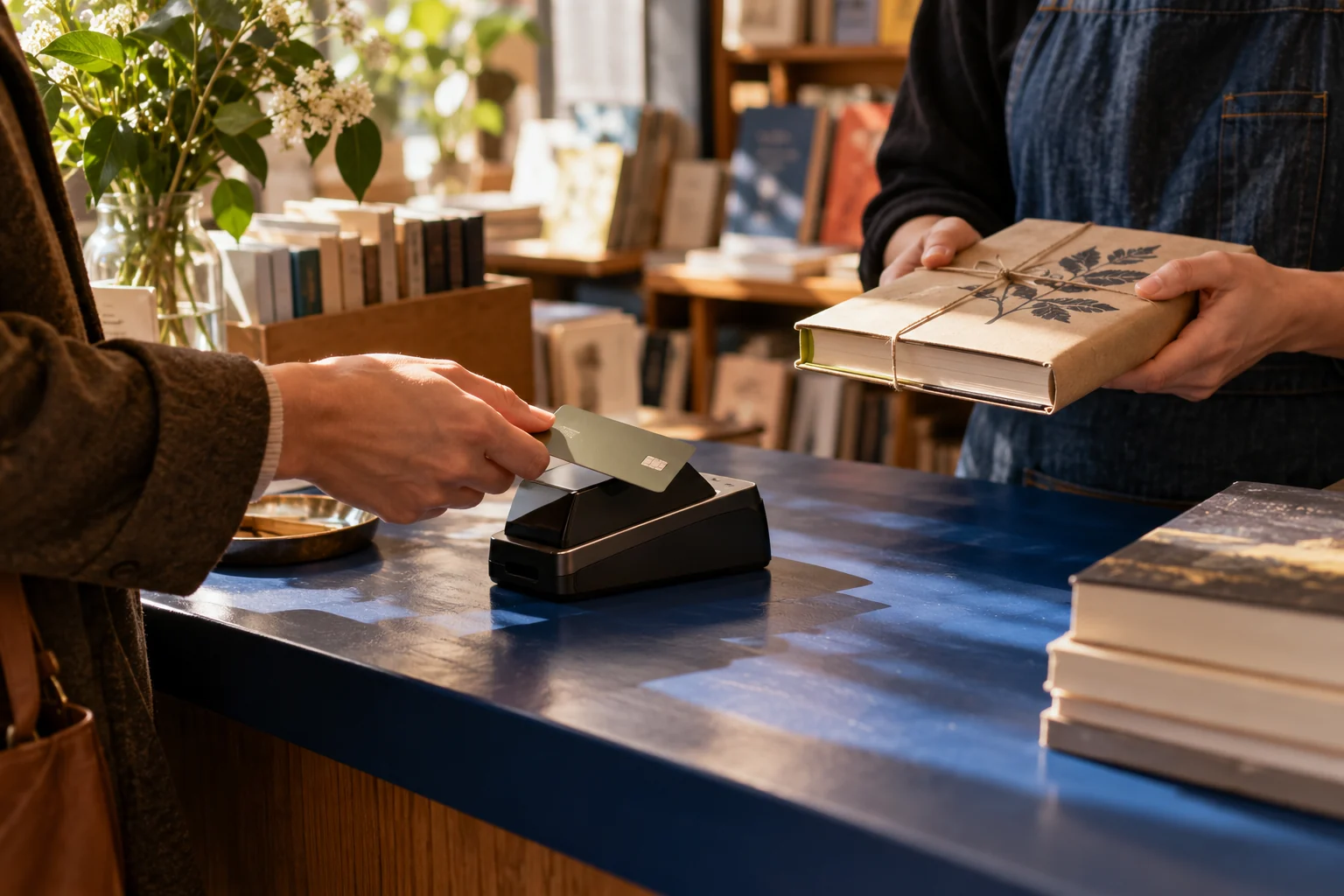 Illustrative customer presenting a card at a bookshop checkout; hardware is contextual