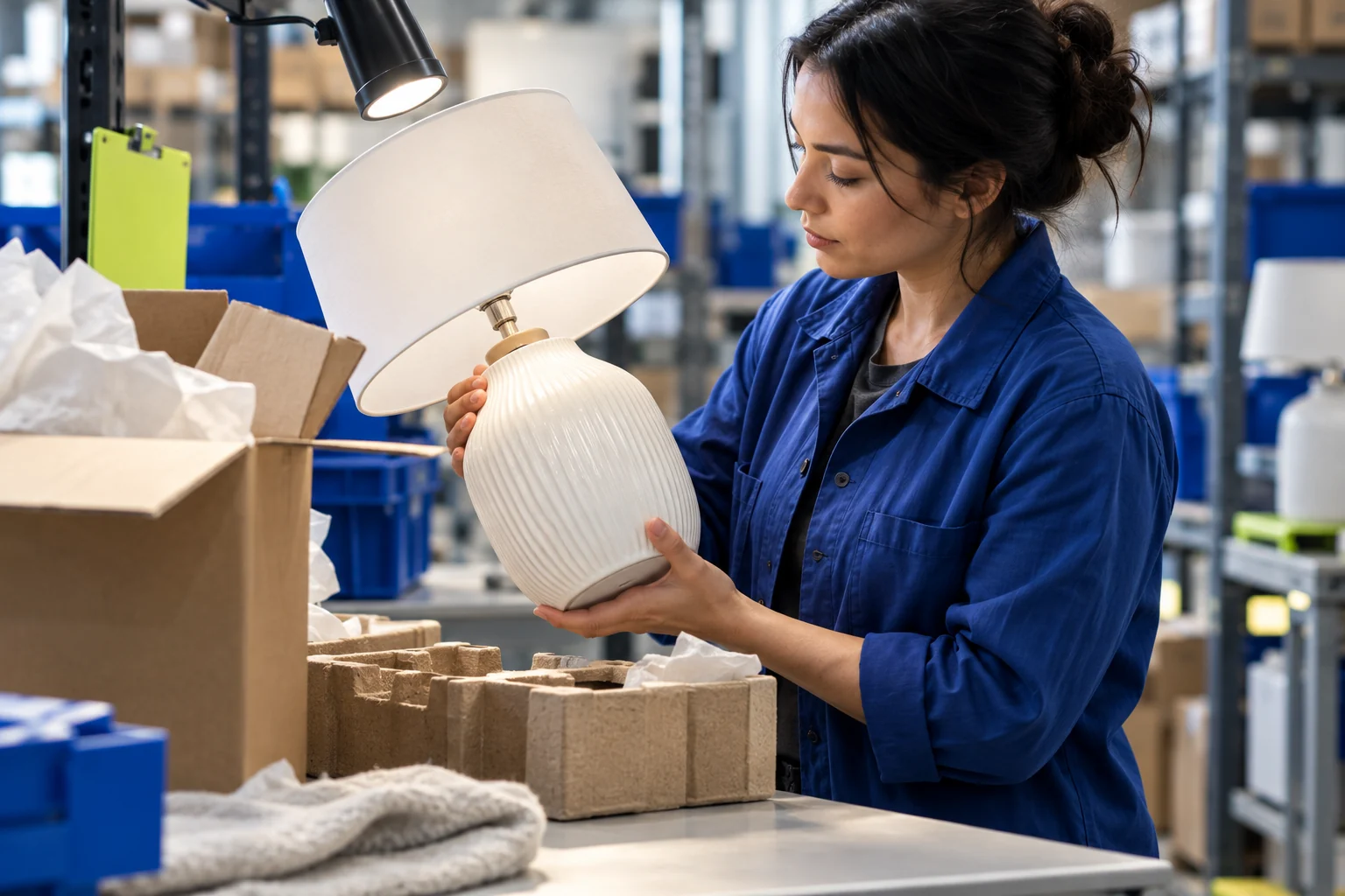 Illustrative receiving worker inspecting a returned ceramic lamp