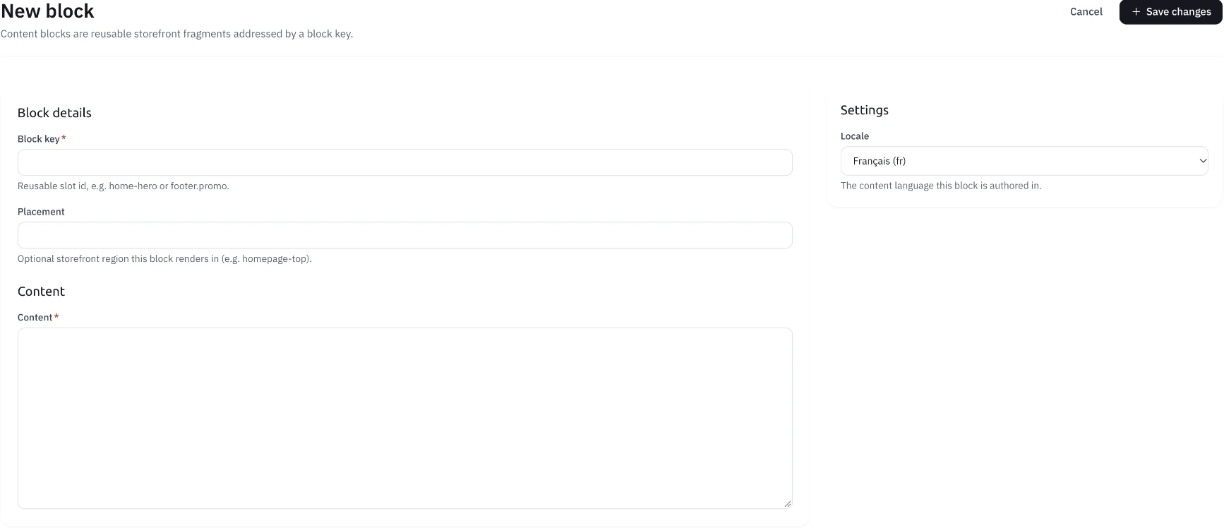 The CMS form shows a block key, placement, content and locale. This is a creation interface, rather than evidence of a published block.