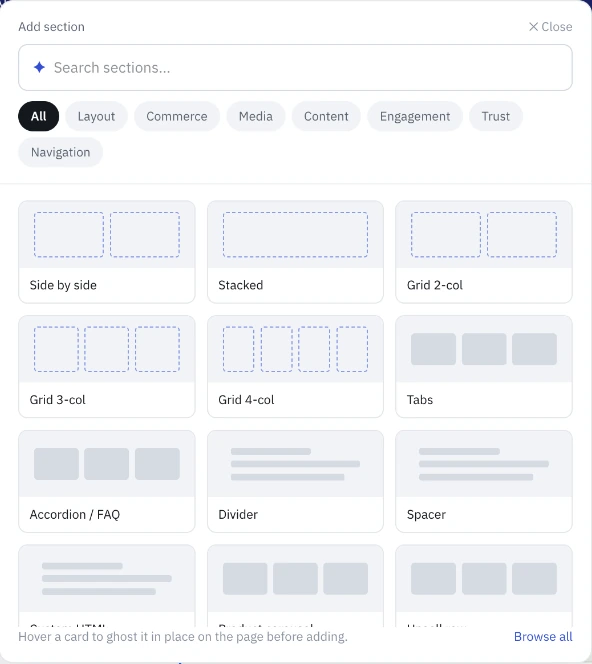 The section library exposes layout, commerce, media and content choices, including grids, tabs and FAQs.