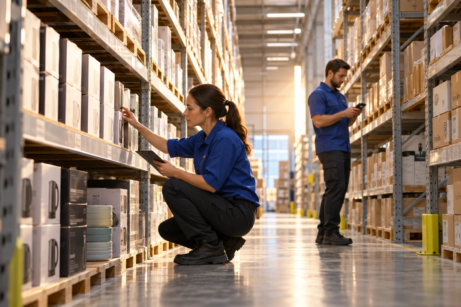 Illustrative stock controller counting boxed products in a warehouse aisle