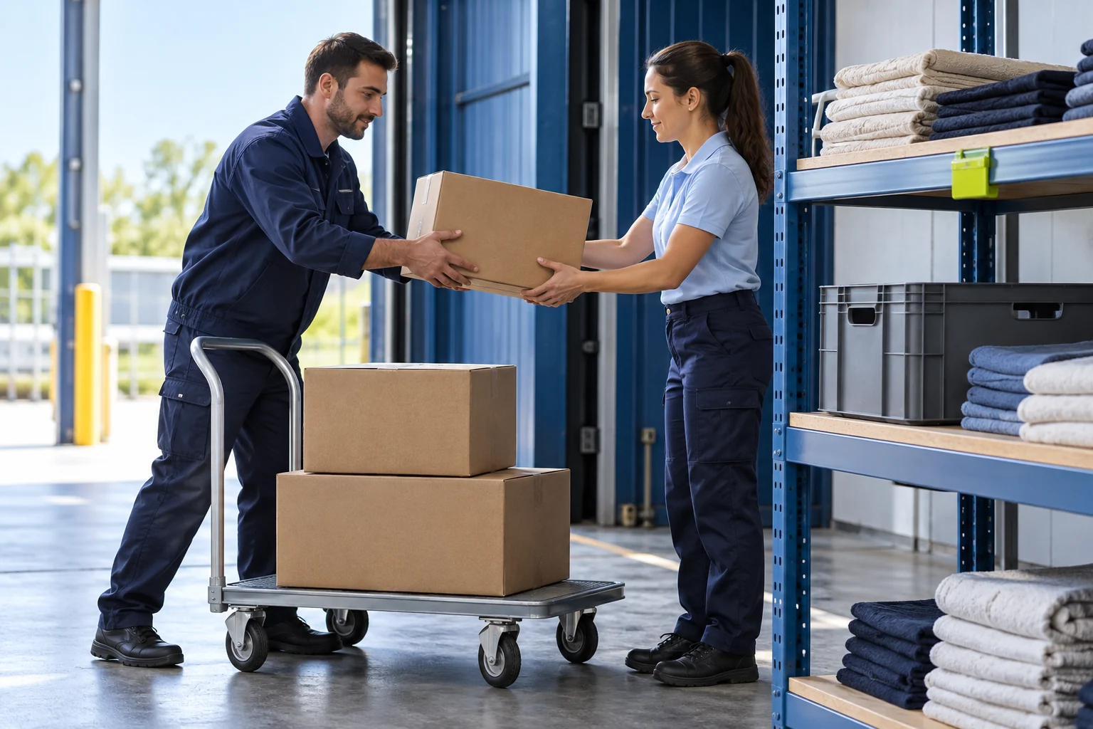 Illustrative staff handing off counted cartons between stock locations
