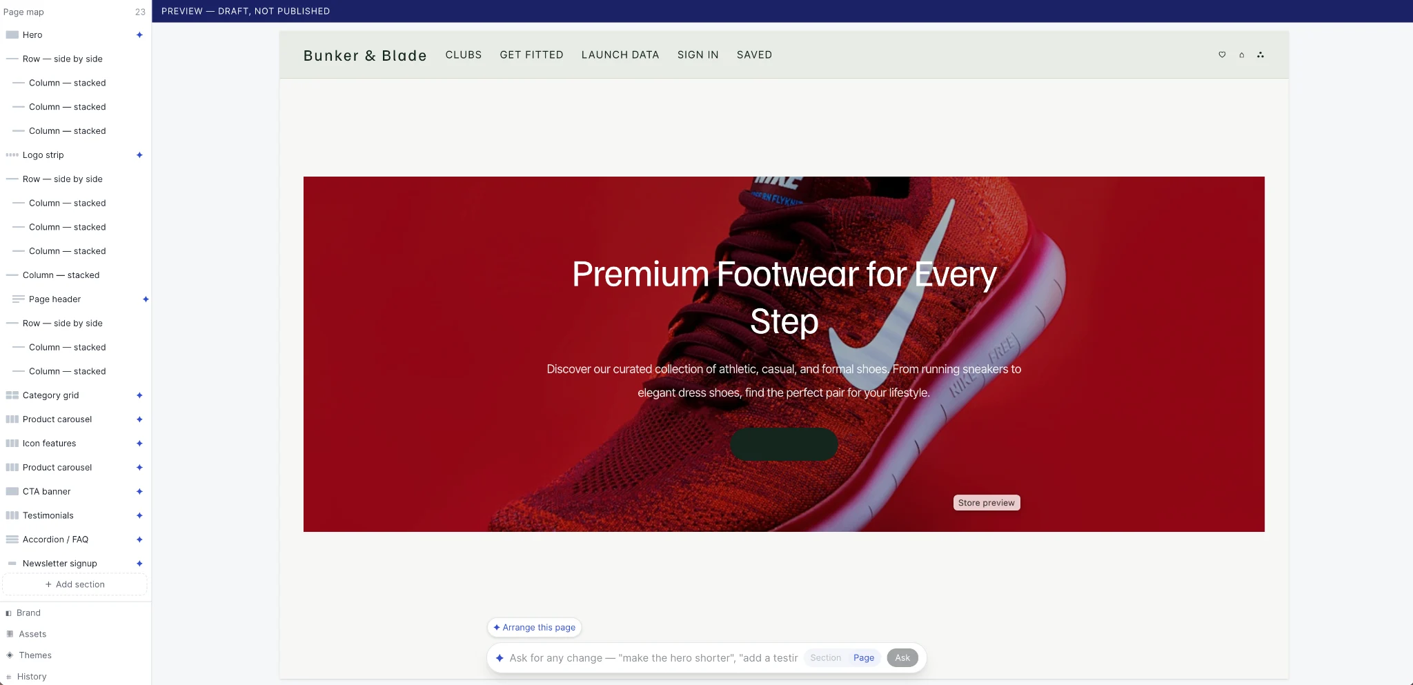 Agora store editor with a branded footwear storefront preview