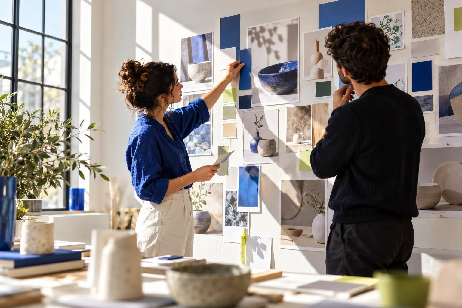 Illustrative founder and designer reviewing a storefront creative direction