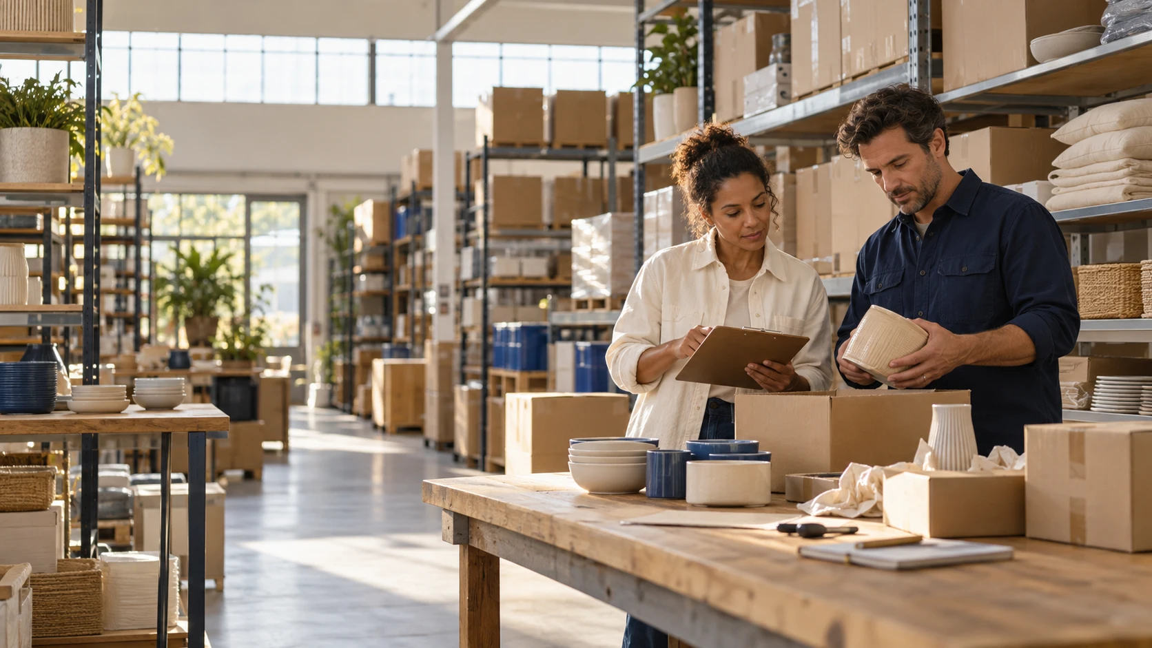 Illustrative warehouse team preparing goods for a business order